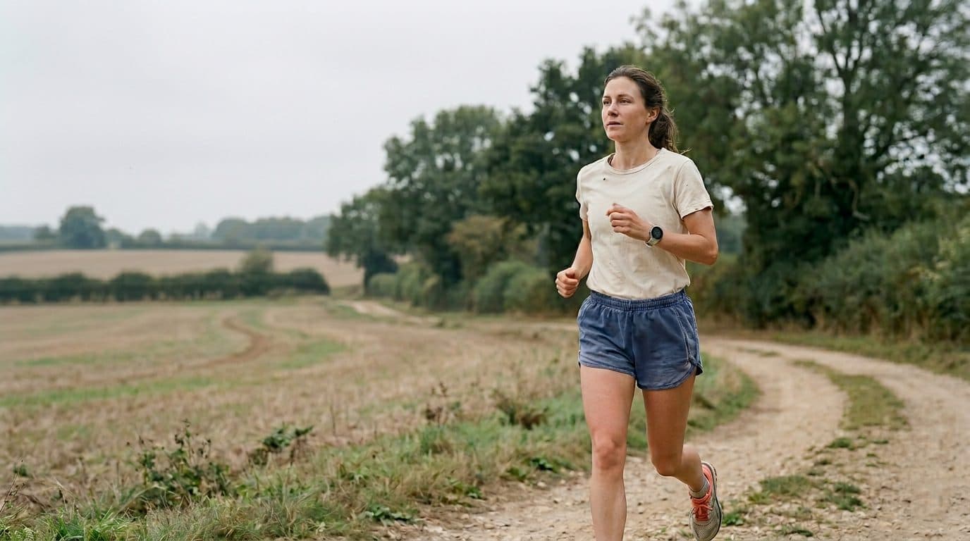 A woman on an easy morning run along an open country path.