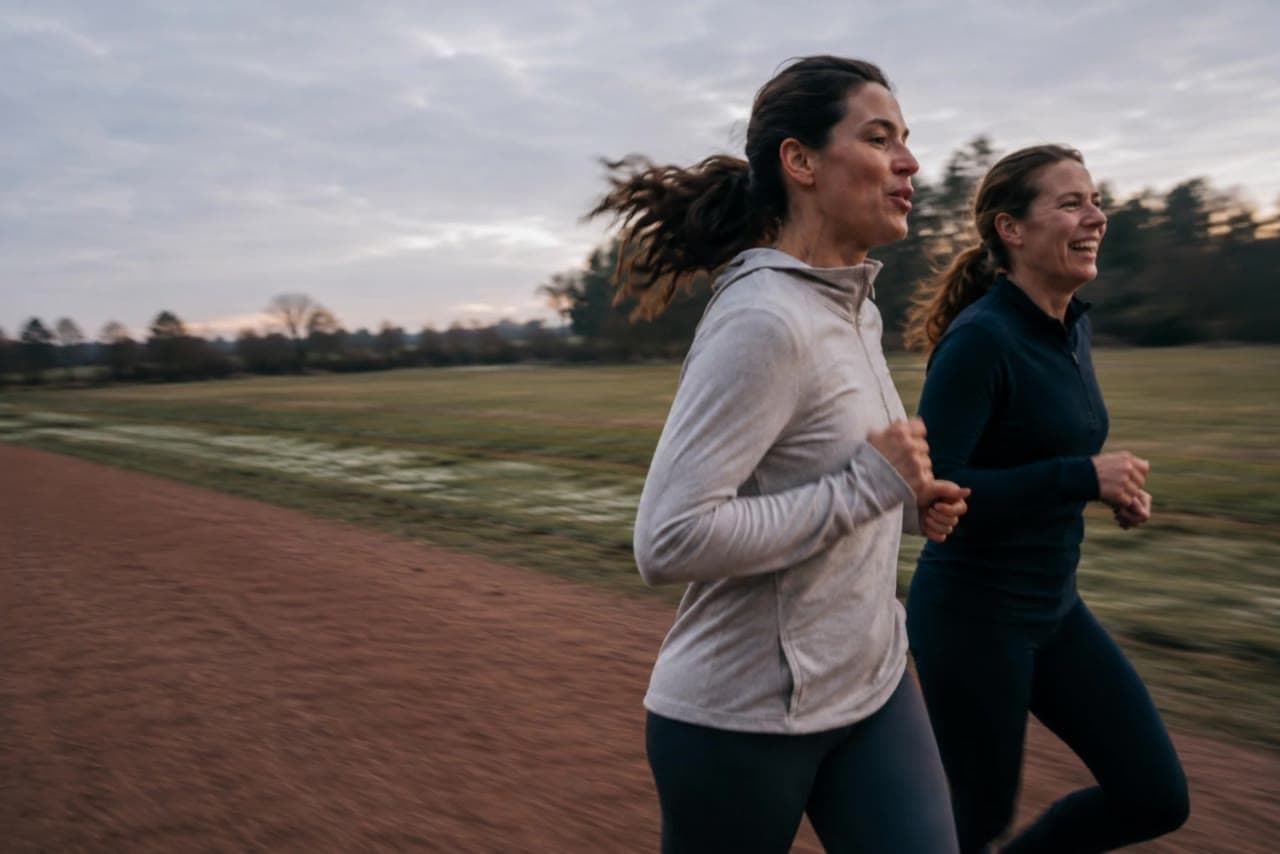 Two women running side by side on a dirt path at dawn, one of them laughing.