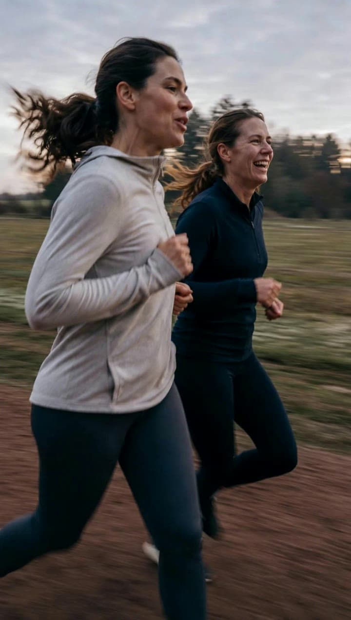 Two women running side by side on a dirt path at dawn, one of them laughing.